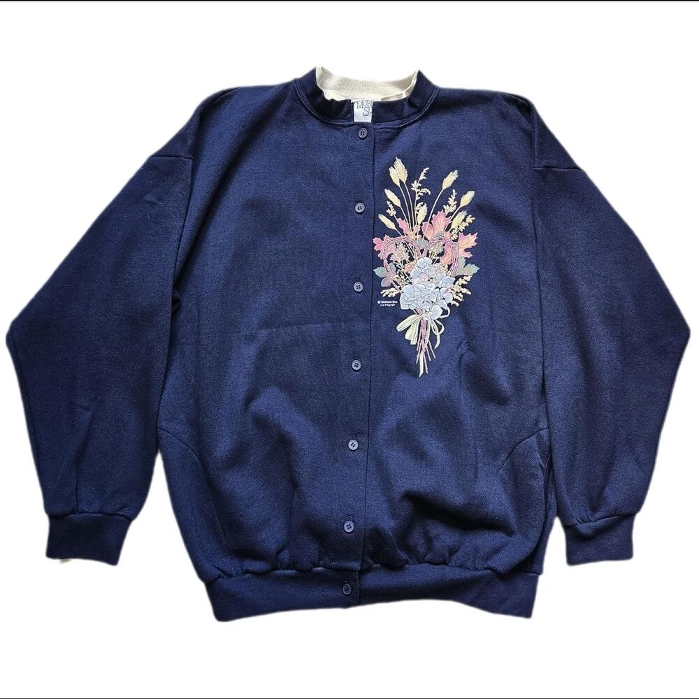 90s granola cottagecore floral bouquet graphic navy cardigan